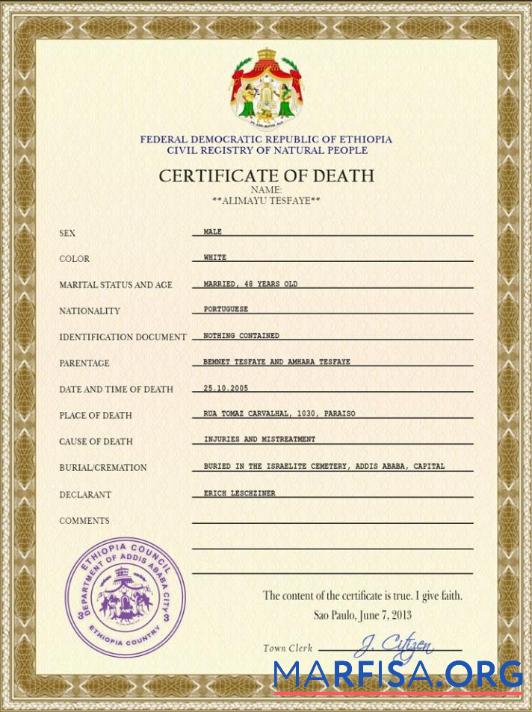 Printable Ethiopia vital record death certificate PSD template